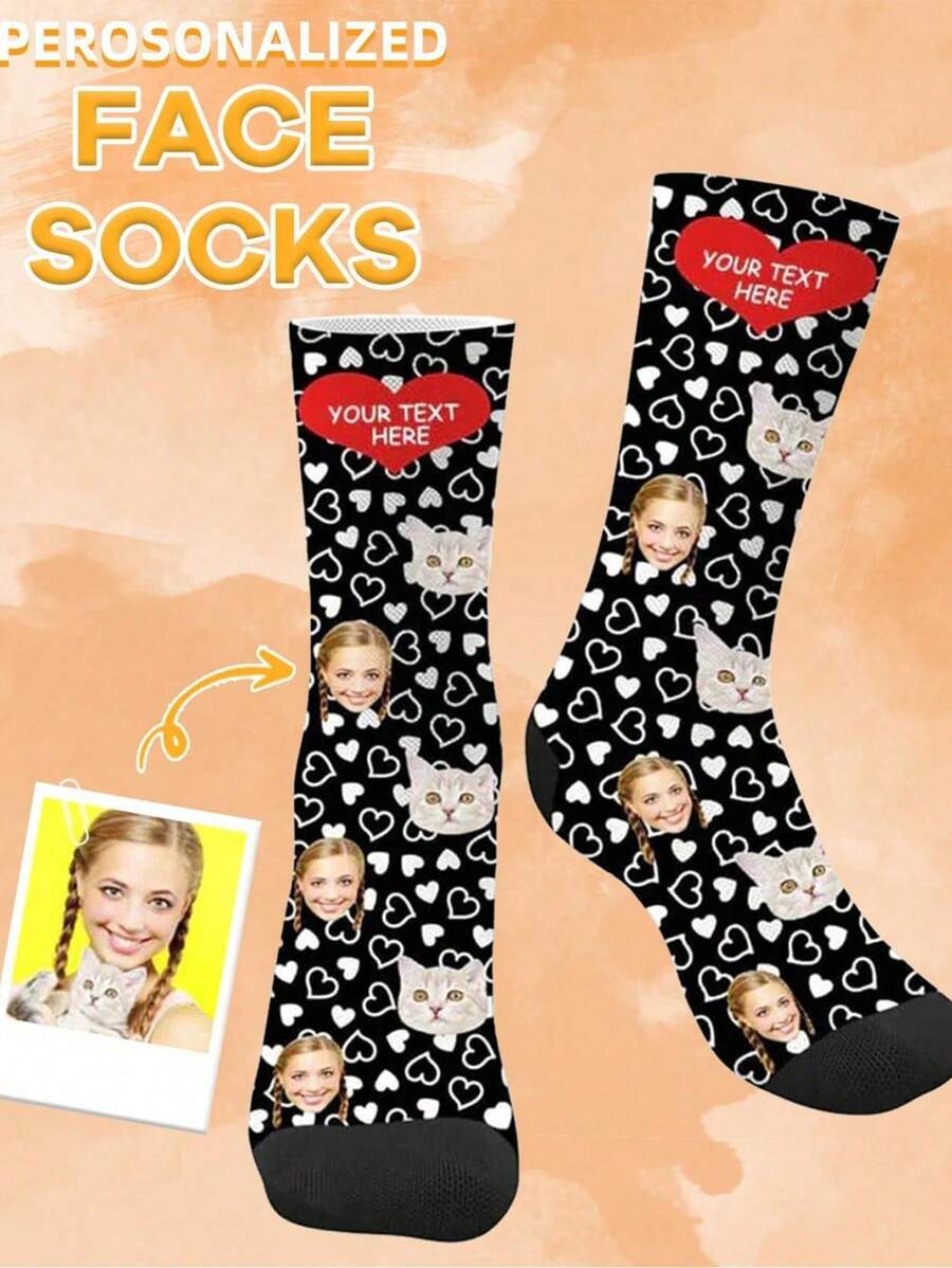 1 par de calcetines medianos respirables personalizados con estampado de lunares y personalización de imagen - Multicolor - Ver 1