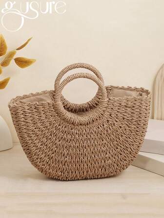 手工编织草编藤条半月形沙滩手提包大容量女士夏季镂空斜挎单肩包夏季半月形草编女士包手工便携手提包大容量沙滩包篮式编织手提包钱包托特包