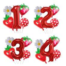 5pcs 32-Inch Red 1-9 Number Strawberry Foil Balloons Set, Strawberry Theme Birthday, Anniversary, Wedding Anniversary, Party Decorations Foil Balloons - Red - View 1