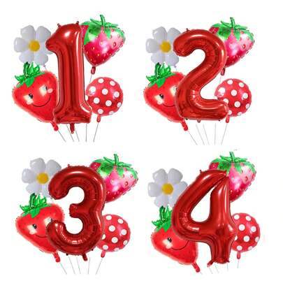 5pcs 32-Inch Red 1-9 Number Strawberry Foil Balloons Set, Strawberry Theme Birthday, Anniversary, Wedding Anniversary, Party Decorations Foil Balloons