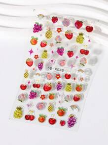 2 pièces Autocollants 5D de fruits de dessin animé: cerises, fraises, citrons d'été, oranges, pêches mignonnes, raisins, ananas. Fournitures pour ongles