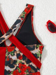 1pc Women's Red Leopard Print Sexy One-Piece Swimsuit