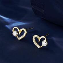 1 Pair 925 Sterling Silver Romantic Sweet Heart Shaped Earrings, Embedded With Sparkling Diamond, Elegant And Suitable For Women As Jewelry Gift On Valentine's Day, Anniversary, Date Nights