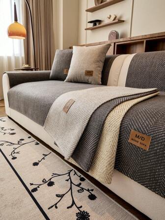 1pc Modern Solid Color Faux Linen Sofa Cushion Cover With Leather Tag - Pet Friendly, All Season Sofa Slipcover Fits Single To 4-Seater Sofa, Machine Washable, Minimalist Design Home Decor Bedroom Decor Room Decor Aesthetic Room Decoration Stuff Living Room Decor Sofa Cover Couch Cover Sofa Covers