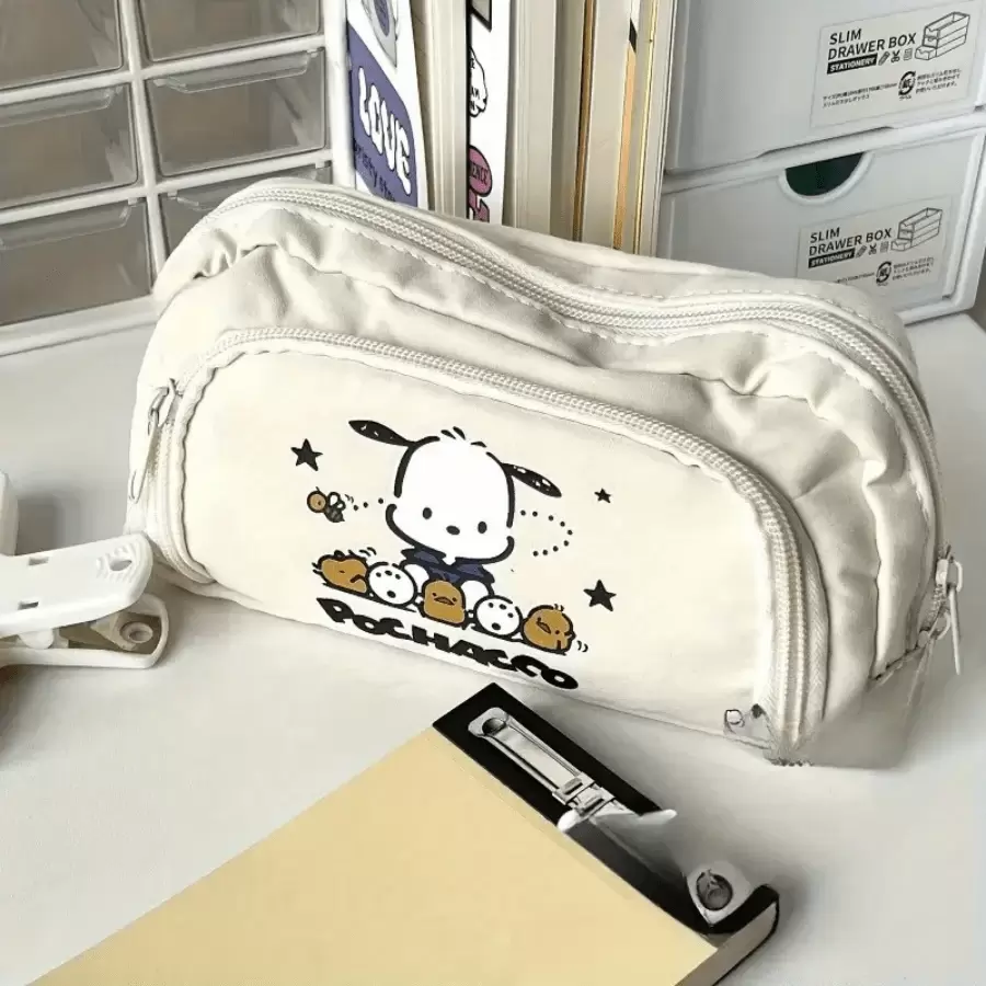 1 件 Sanrio Pochacco 狗狗设计帆布双层翻盖铅笔盒，风格清新，容量大，适合文具和学校用品，外观可爱，高端 - 彩色 - 查看 1
