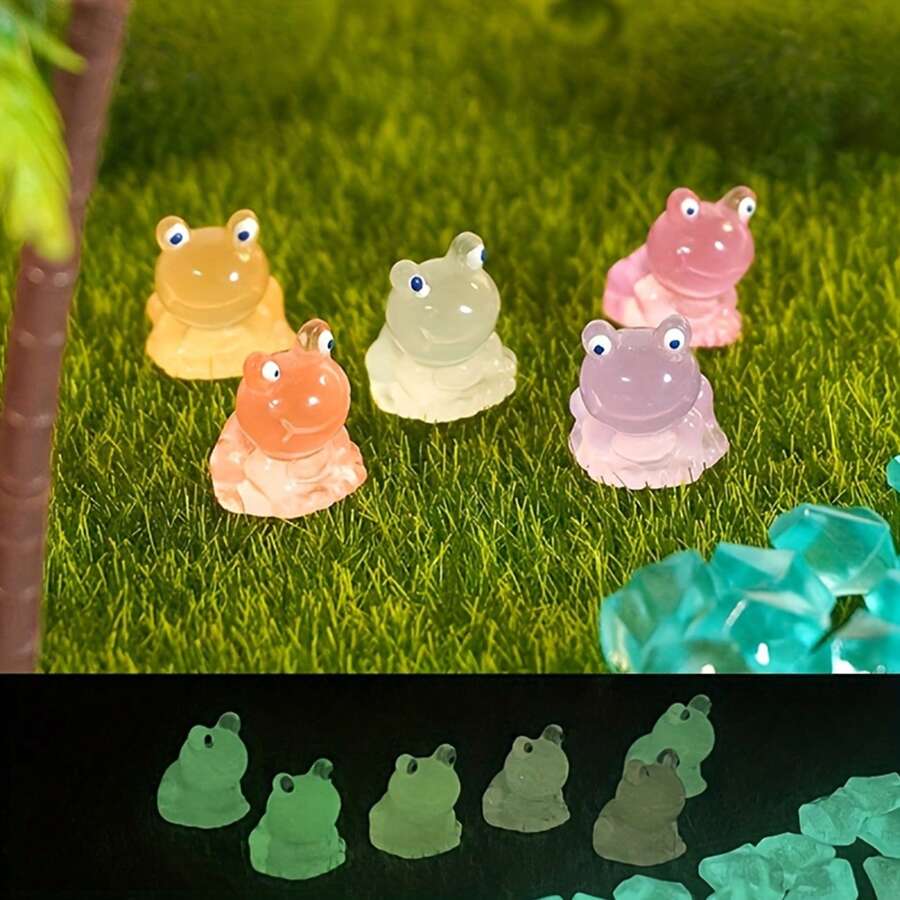 7pcs/14pcs Glow-In-The-Dark Resin Frog Statues - Colorful Mini Frog With Lotus Leaf, Creative Car Decor And Garden Decor, Suitable For Outdoor Festivals, Parties, And Home Decoration, Frog Decorations - Multicolor - View 1