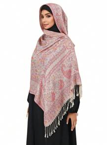 1 件复古佩斯利和格子锦缎印花羊绒围巾，柔软休闲波西米亚流苏披肩，适合日常通勤、旅行、外套装饰 - 彩色 - 查看 2