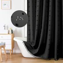 1pc Black Velvet Ball Fringe Shower Curtain, Minimalist 3D Cut-Out Design Waterproof Polyester Bathroom Curtain, Hooks Included Home Bathroom Decor Fall Decor Bathroom Accessories Back To School