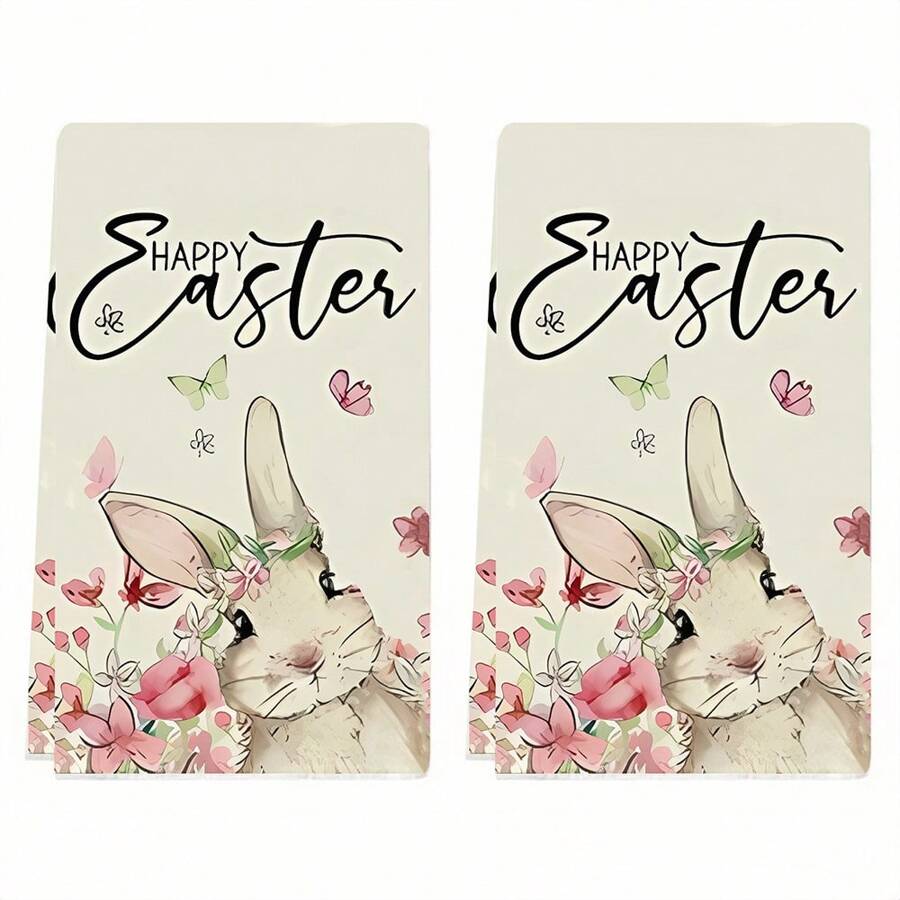 Pink Floral Rabbit Kitchen Towels, Dish Cloths, Hand Towels, Holiday Decor, Soft Absorbent Drying Cloth, Kitchen Decor, Dining Table Decor, Kitchenware, Home Decoration