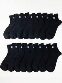 8 pares de calcetines de media caña con estampado de letra R para hombres, de estilo de moda, para primavera y otoño - Negro - Ver 2