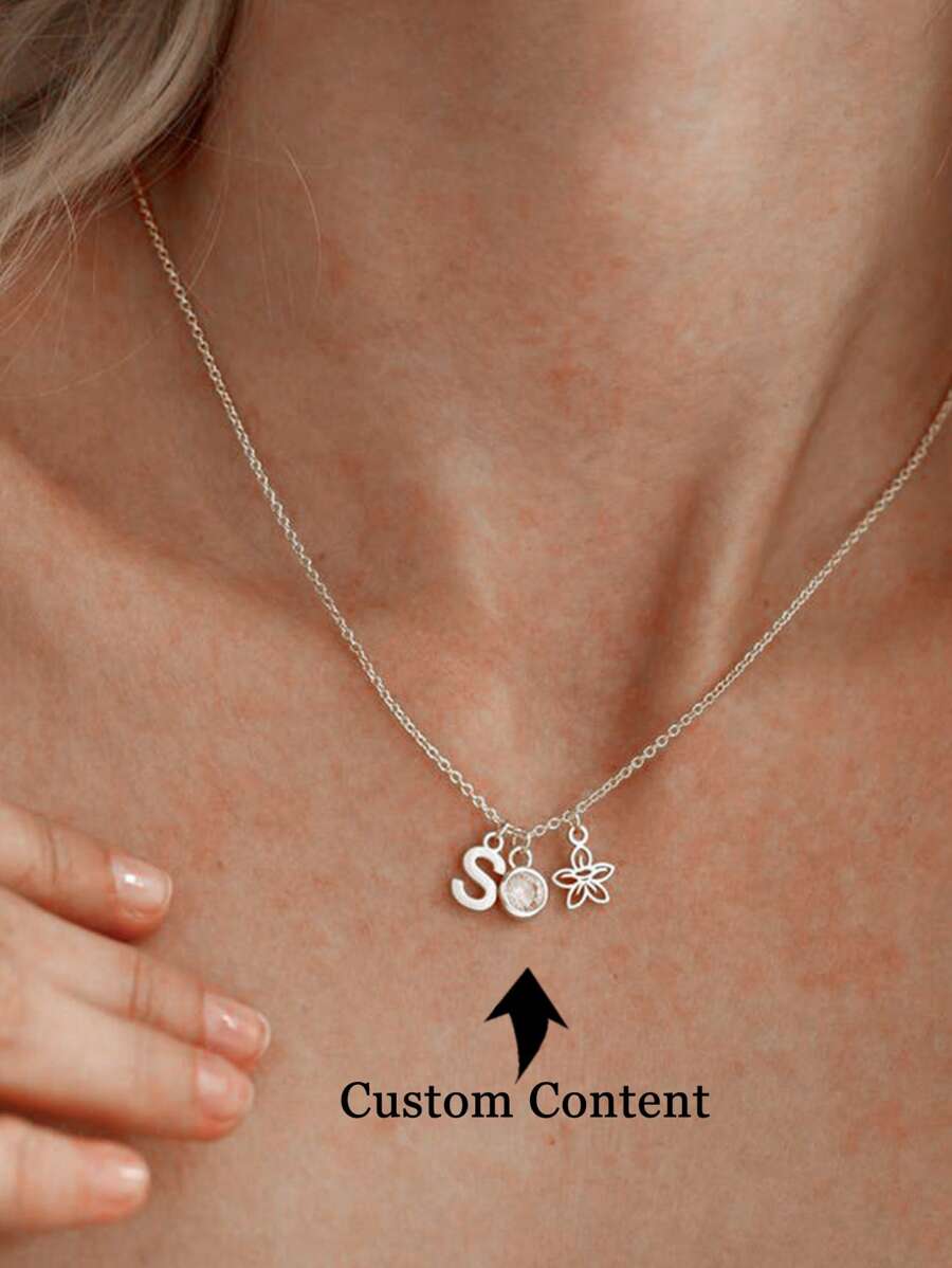 1 pieza Collar personalizado con flor y inicial de piedra natal, incluye colgante de flor de nacimiento, collar de inicial de acero inoxidable dorado, collar de flor de nacimiento, joyería personalizada, regalo de Navidad - Plateado - Ver 1