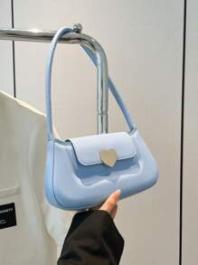 1pc Minimalist Solid Color Magnetic Heart Decor PU Zipper Shoulder Bag, Fashion Women Handbag For Work, Dating, Shopping