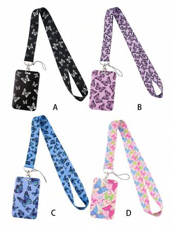 1 个带挂绳的卡包，带有蓝色、紫色、粉色和黑色蝴蝶图案，适用于地铁卡、身份证、工作卡、学生卡、展览卡、活动身份证、学校用品、返校