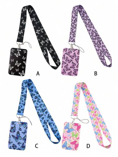 1 个带挂绳的卡包，带有蓝色、紫色、粉色和黑色蝴蝶图案，适用于地铁卡、身份证、工作卡、学生卡、展览卡、活动身份证、学校用品、返校