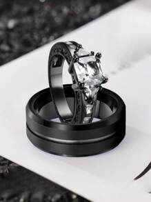 1pc Fashionable Couple Rings - 1pc Stainless Steel Men's Wedding Band & 1pc Elegant Princess Square Cut Women's Engagement/Wedding Ring, Bridal Jewelry Gift - Gun Black - View 2