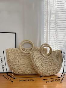 Yogodlns Luxury Hollow Designer Beach Shoulder Bag High Quality Brand Straw Handbag Women Summer Raffia Woven Travel Basket Tote Bags Summer Handmade Bags For Women Beach Weaving Ladies Straw Bag Wrapped Beach Bag Moon Shaped Top Handle Handbags Totes