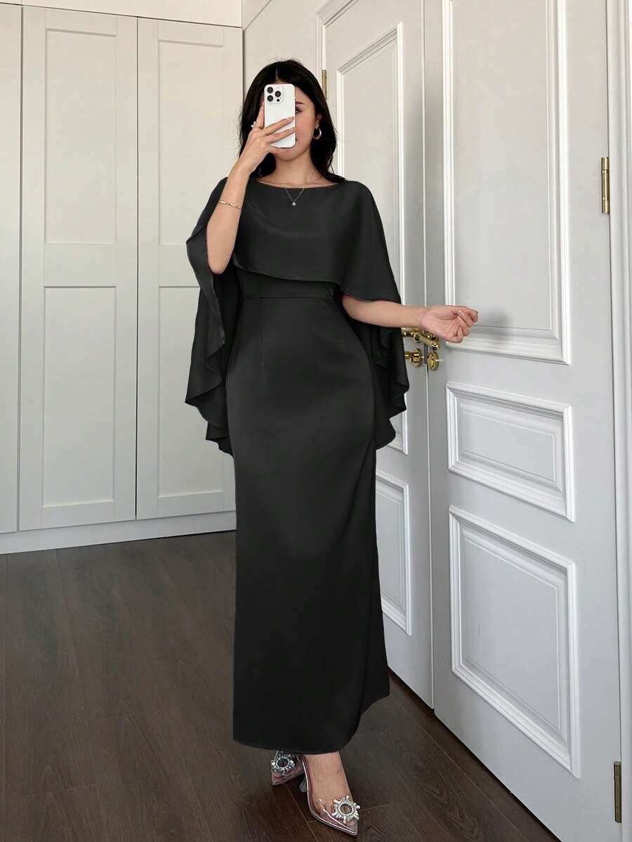 优雅的阿拉伯长袍斗篷式礼服，适合新年夜穿着 - 黑色 - 查看 1