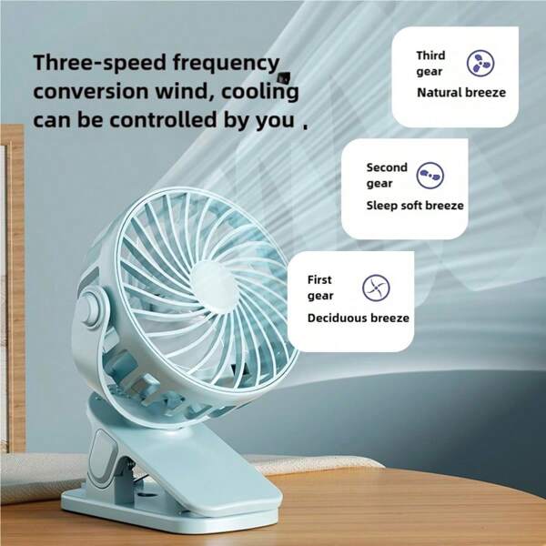 Ventilatore elettrico portatile ricaricabile, con molletta per appenderlo, rotazione 720°, con luce notturna, raffreddatore d'aria, adatto per campeggio all'aperto, ventola piccola, 500mAh