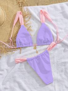 PEPPERMOLLY New Soft Strap Adjustable Floral Print Tie-Up Elegant Party Style Bikini Set, Summer Beach Fashion Women Swimwear - Purple 1 - View 2