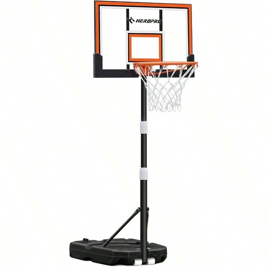 HEROPRO Basketball Hoop Outdoor 3.2-7.2 Feet Adjustable 29 Inch Premium PC Backboard And Enlarged Base Portable Basketball Goal System For Youth Teens In Pool Driveway Backyard Indoor