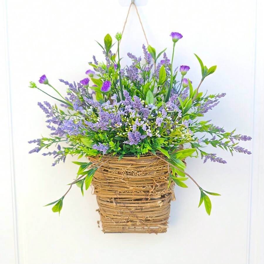 1pc,13.7inch/35cm,Door Hanger Basket Wreath, Wildflowers Door Hanging Basket Wreath, Front Door Beautiful Artificial Spring And Summer Wreath Welcome Sign, Home Porch Farmhouse Decor Gifts Birthday Graduation - Purple - View 1