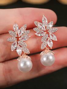 jealous young 1 Pair Elegant Big Simplicity Flower CZ Shell Pearl Wedding Dangle Earrings For Women Brides Luxury Zircona Drop Earrings Festivals Engagement Anniversary Party Jewelry Gift - Rose Gold - View 6