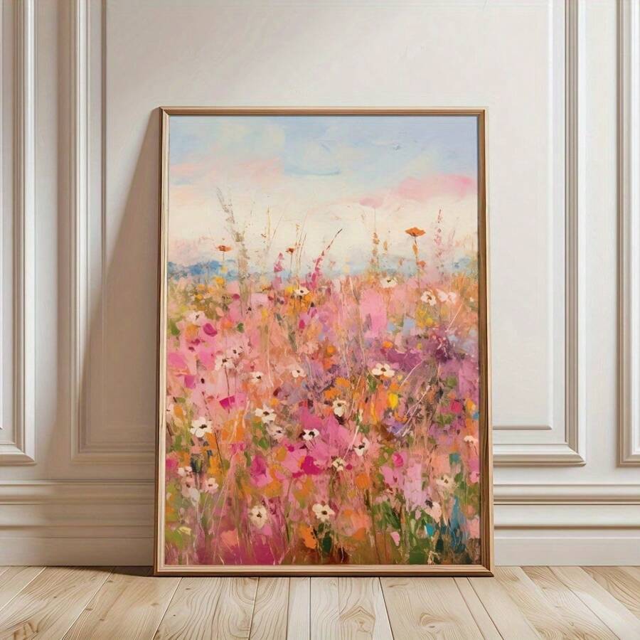 1 szt. Różowy wiosenny dziki kwiat botaniczny plakat artystyczny bez ramki nowoczesny współczesny styl - estetyczny kolorowy kwiat boho obraz na płótnie wydruk do wystroju Cottagecore, minimalistyczny kwiatowy obraz ścienny, poziomy wydruk artystyczny tuszem na powierzchni płótna