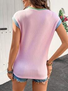 Acelitt Áo thun tay ngắn cổ tròn dáng rộng, phối màu kẻ sọc, thích hợp cho kỳ nghỉ hè, màu hồng. - Hồng - Xem 2