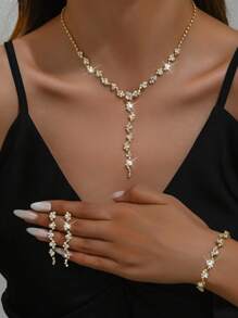 3pcs Set Luxury Rhinestone Necklace & Earrings, Elegant Design For Ceremony, Party, Holiday, Suitable For Women - Silver - View 5