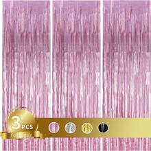 3pcs Metallic Foil Tinsel Fringe Curtains, Party Background Decoration, Birthday Party Wedding Decor Supplies