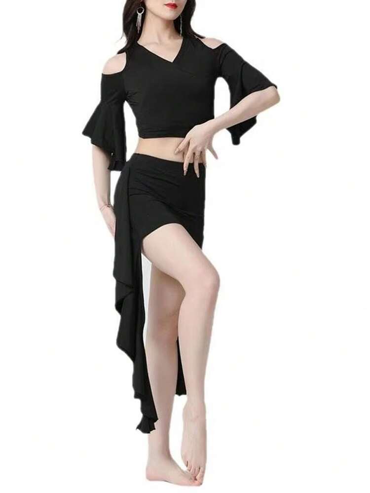 女士肚皮舞服装性感不对称裙+七分袖上衣女式成人专业表演服装东方舞蹈服装 - 彩色 - 查看 14