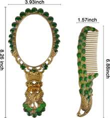Antique Hand Held Vanity Mirror With Peacock Comb, Decorative Metal Cosmetic Mirror, Travel Mirror With Folding Handle, Makeup Mirror For Women As A Gift, Bronze - 彩色 - 查看 3