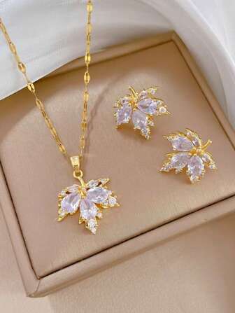 1 套不锈钢枫叶项链和耳环首饰套装，奢华水晶装饰优雅宴会配饰