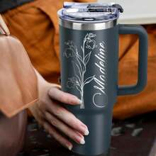Personalized 40 Oz Tumbler With Handle Custom Tumbler With Name & Birth Flower Month, Stainless Steel Travel Coffee Mug Cup, Birthday Gifts Personalized Gifts For Women Men, Multi-Functional, Adjustable, Durable, Ornamental, Reusable, Exquisite, Adorable, High-Quality, Modern, Colorful, Cute, Comfortable, Stylish, Custom, Personalized, Unique, Ideal Gifts For Her, Boyfriend, Girlfriend, Dad, Mom, Family, Friends, Son, Daughter, Office, Tea Room, School, Home, Home Refresh, Customized Water Bottle & Cup Accessories
