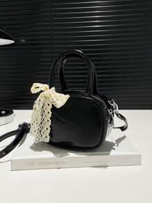 1 Pc New Mini Solid Color Pu Material Bow Ribbon Decorated Handbag With Interchangeable Strap, Crossbody And Handheld, Fashionable And Elegant For Daily Outings, Shopping, Parties, Banquets, And Friend Gifts