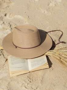 Man Summer Straw Sun Hats Wide Brim Panama Fedora Beach Hat With Wind Lanyard