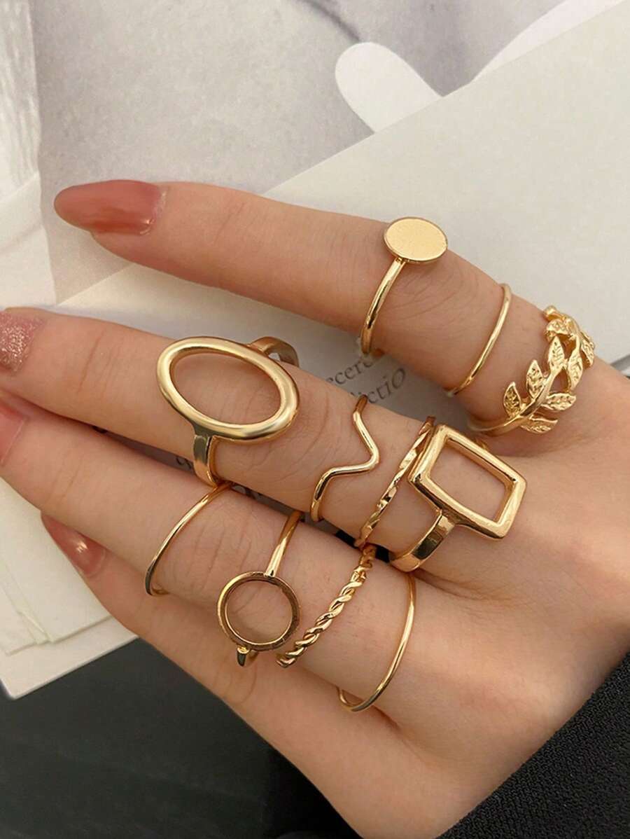 11pcs Geometric Leaf Ring Set, Creative Metal Knuckle Rings Suitable For Women's Daily Wear, Wedding, Party, Holiday, Beach, Great Gift For Girlfriend, Mom, Friends - Gold - View 1