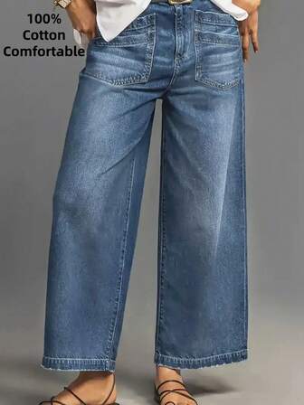 Women's Fashion Denim Pockets Design Casual Retro Versatile Loose Wide-Leg Jeans