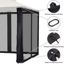 4 Side Panels Outdoor Gazebo Mosquito Net Mosquito Protection Insect Protection Net, Universal Garden Terrace Roofing Replacement Mosquito Net Privacy Screens With Zipper - Black - View 3
