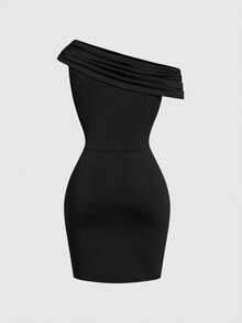 Women's Spring/Summer Off Shoulder Ruched Waist Party Dress, Fitted Sexy Black Bodycon Dress
