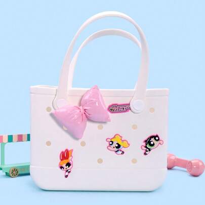 Miniso Powerpuff Girls Series Beach Bag EVA Tote Bag, Multi-Use Organizer Closure, Fashion Shoulder Bag Color Cartoon Decoration Tote Bag, Lightweight Cute Handbag