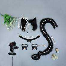 Faux Animal Ear, Tail, Lace Hand Bracelet & Necklace Bell Fluffy Cosplay Props Headband Set