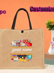 Regalo personalizado para maestros con impresión de nombre personalizado | Conjunto de bolsa de compras reutilizable de lino caqui y yute, y billetera | Detalles en metal negro para la Semana de la Enfermera/Día de la Madre/Apreciación a Maestros | Bolso multiuso para la playa y organizador de viaje