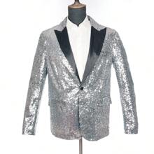 Shiny Silver Sequin Suit Jacket, Suitable For Parties, Dancing, Music Festivals, Men Glittering Blazers