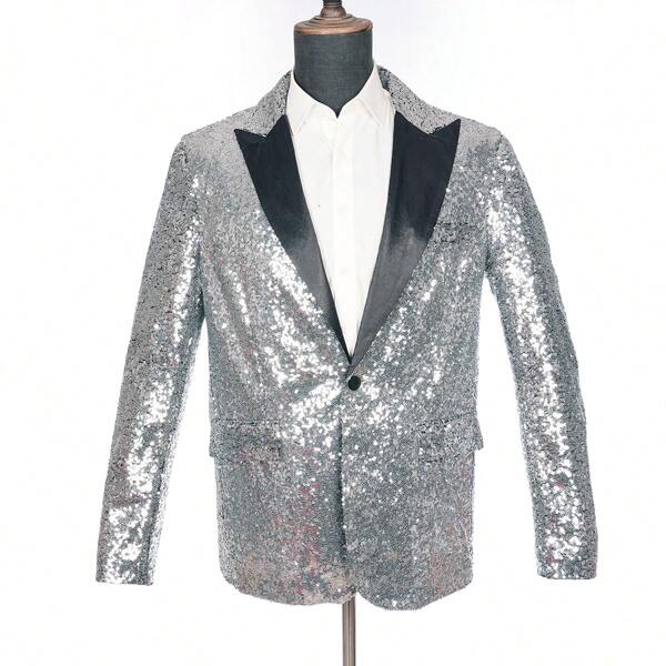 Shiny Silver Sequin Suit Jacket, Suitable For Parties, Dancing, Music Festivals, Men Glittering Blazers