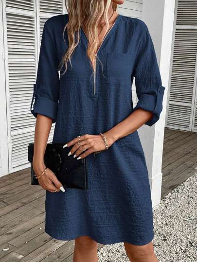Spring And Summer Women's Casual Solid Color Modest Half Zipper V-Neck Long Sleeved Midi Dress, Valentine's Day/Beach Vacation/Daily Commuting/Party Outfits