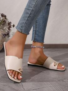 Women's Solid Color Slip-On Flat Sandals, Outdoor Square Toe Non-Slip Metal Stud Buckle Summer Slippers, Minimalist Versatile Beach Sandals