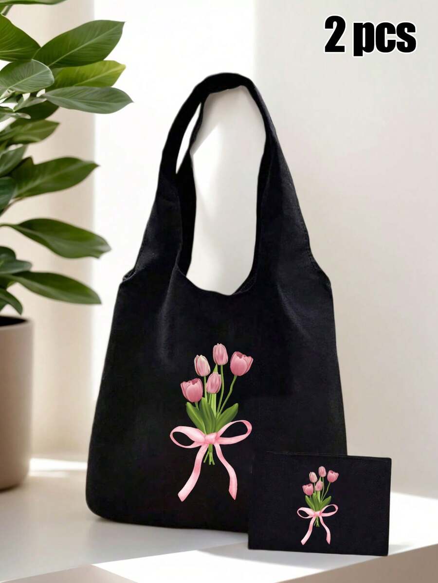 郁金香主题教师节礼品套装，包含黑色化妆包、零钱包、便捷收纳袋和指甲油收纳盒。“粉色郁金香，饱含甜蜜与温暖，象征着永恒的爱与幸福。它如同落日余晖，温柔地洒落在心间，充满浪漫与柔情。”这款设计精美的包袋适合女性或学生使用，可用于携带书籍、购物、返校，是完美的教师节礼物。