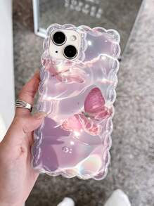 1pc Pink Water Ripple Butterfly Pattern Wavy Lace Silicone Shockproof Transparent Phone Case Compatible With IPhone 11/12/13/14/15 Pro Max