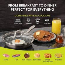 Sartén Universal Tri-Capa de Acero Inoxidable 24 cm – Antiadherente Híbrido con Tapa de Vidrio – Apto para Inducción, Gas y Eléctrico – Horno hasta 260°C – Profesional, Durable y de Alto Rendimiento - 1 - Ver 5